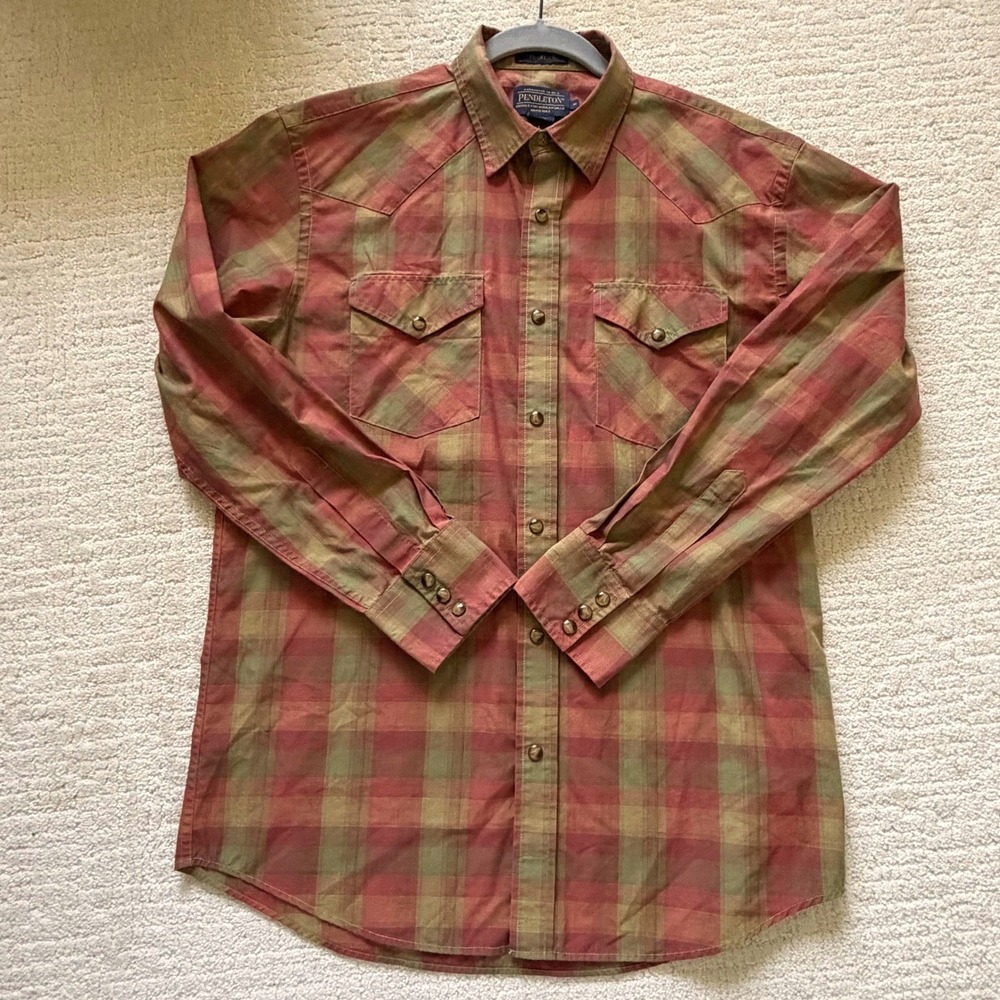 Pendleton Frontier Mens Plaid Western Pearl Snap Shirt Red Olive Green M Fall